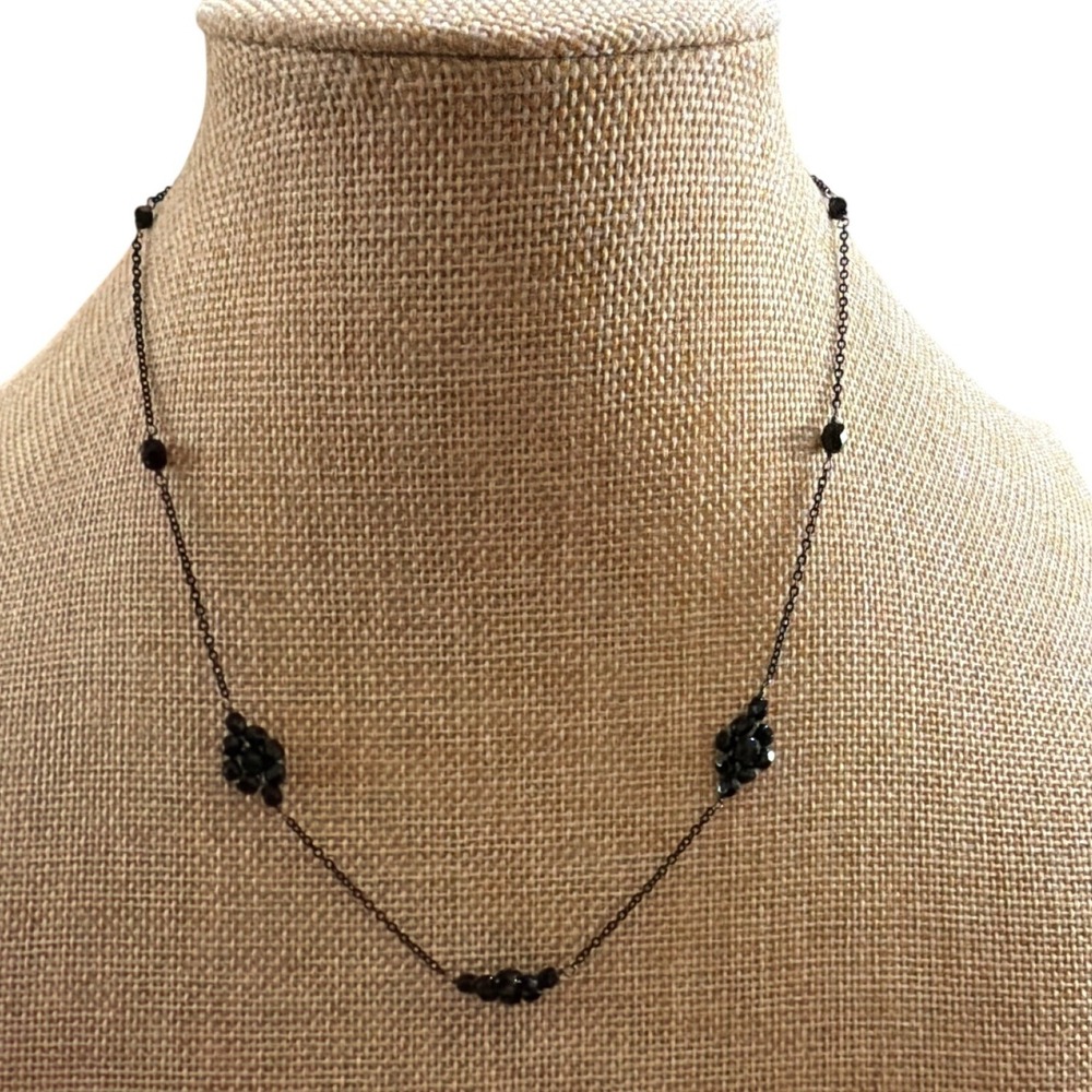 Black Beaded Station Necklace Gunmetal Tone Chain Adjustable Layering Goth